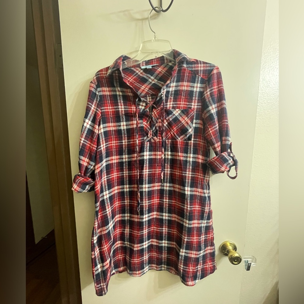 She + Sky Red, White, and Blue Plaid Flannel Shirt Dress Size Small